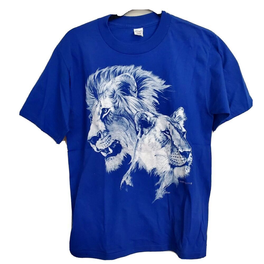 Vintage 1980s Harlequin Unisex T Shirt Medium‎ Blue Lion Lioness Single stitch